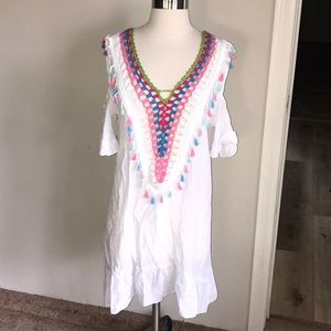 Beach By Exist White Midi Dress with Pink, Blue & Green Crochet Trim
